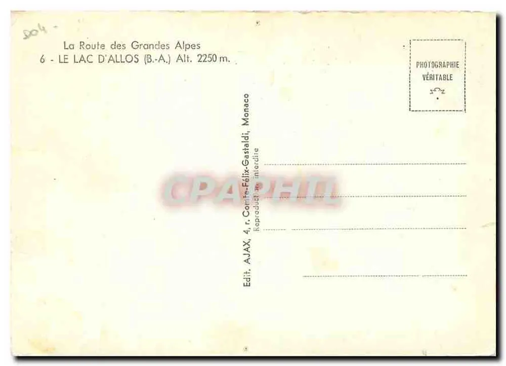 Lac d'Allos — Route des Grandes Alpes — Édité par AJAX, Monaco - Verso