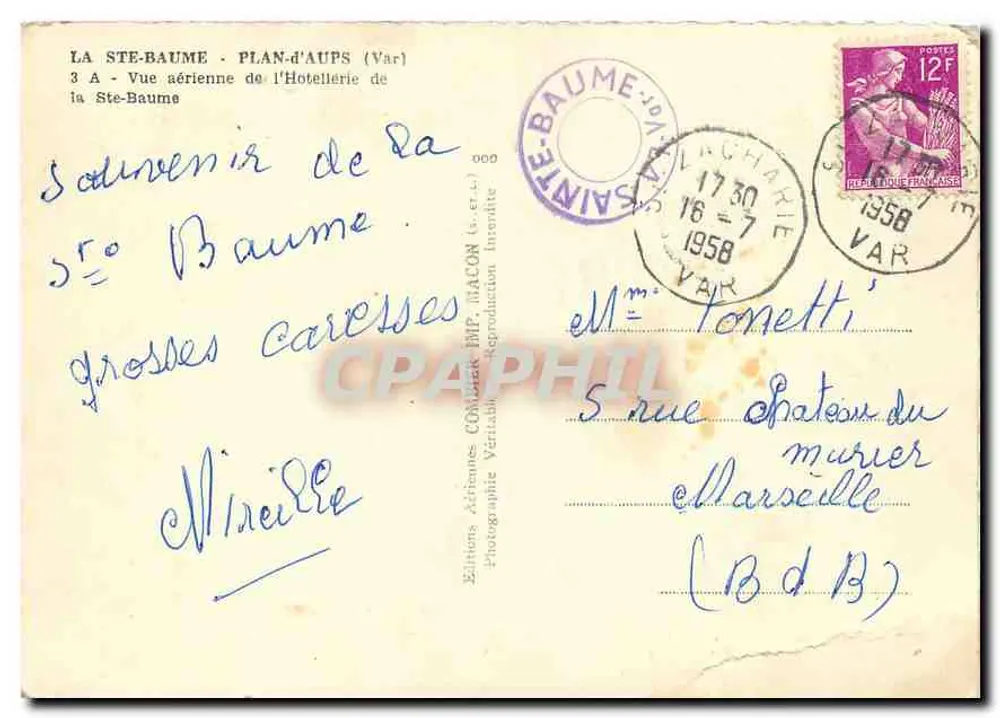 La Ste-Baume - Luftansicht des Hotels de la Ste-Baume — Éditions Aériennes COMPLÈTE IMP. MACON, n° 3 A - Rückseite