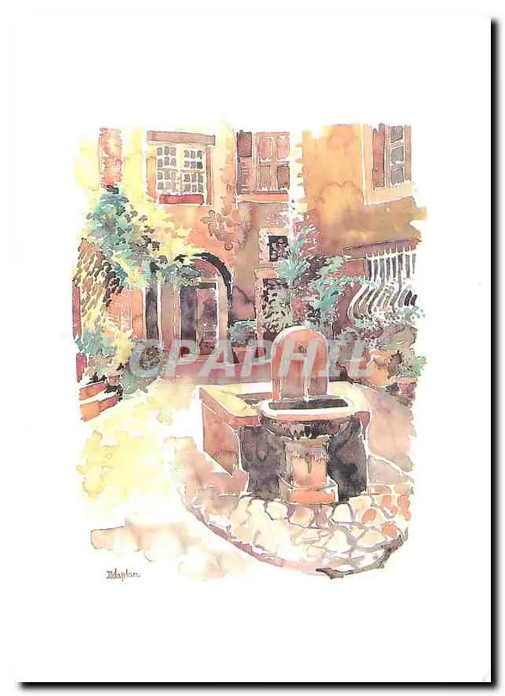 Praça e fonte em Saint-Paul-de-Vence — aquarela — Atelier de l'artiste Delaplace - Frente