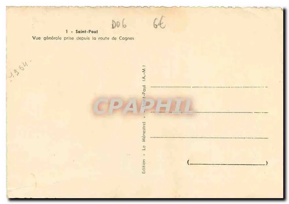 Saint-Paul — Vue générale prise depuis la route de Cagnes — Édition « Le Ménestrel » - Verso