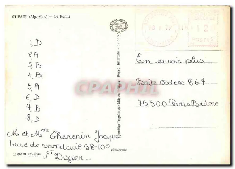 Passagem florida em Le Pontis — ST-PAUL (Alpes-Maritimes) — Impressor Cimbronie - Verso