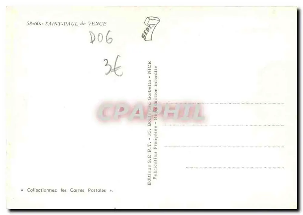 Ruela sob arco — Saint-Paul-de-Vence — Éditions S.E.P.T. - 35, Boulevard Gorbellis - Nice - Verso