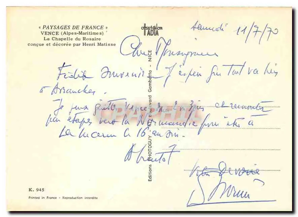 Die Kapelle des Rosenkranzes — Vence (Alpes-Maritimes) — Éditions ADIA, n° K.945 - Rückseite