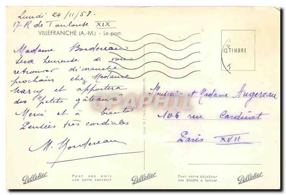 Port w Villefranche-sur-Mer — widok portu z łodziami — wydawca Pallettier - Rewers
