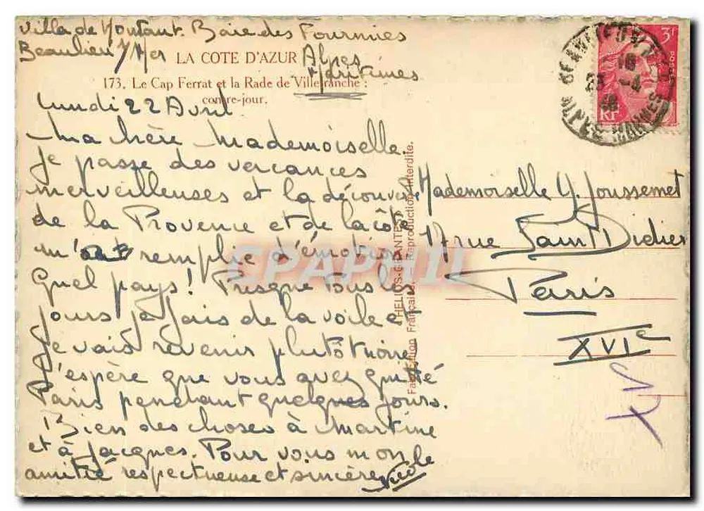 Cap Ferrat et la Rade de Villefranche — La Côte d'Azur — éditeur inconnu, n° 173 - Verso