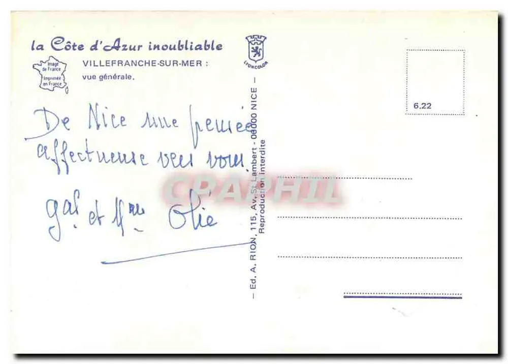 Villefranche-sur-Mer — vue générale — Ed. A. Rion, Nice - Verso