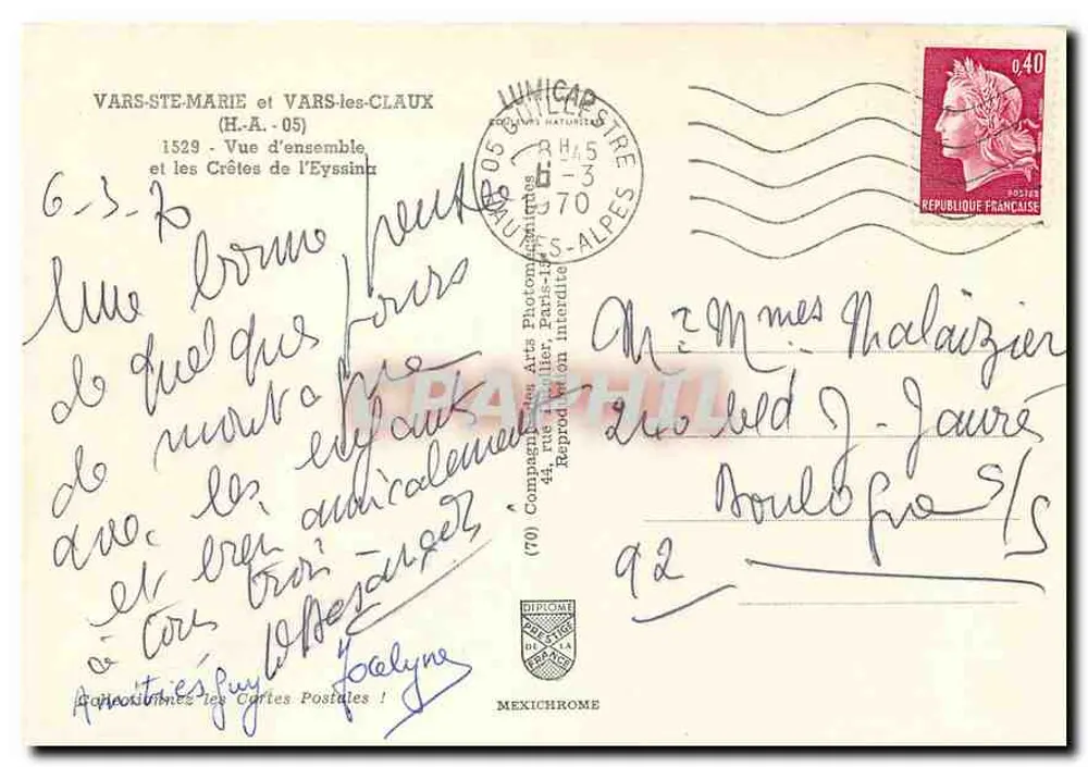 Vars-Ste-Marie und Vars-les-Claux — Gesamtansicht und die Crêtes de l'Eyssaint — Compagnie des Arts Photographiques - Rückseite