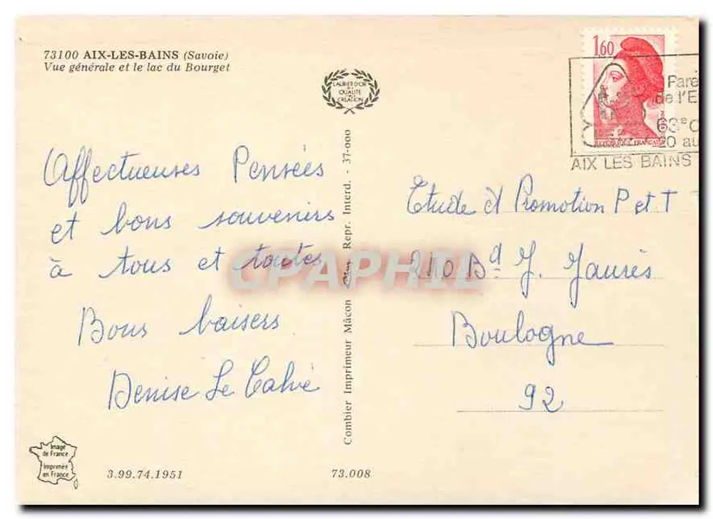 Aix-les-Bains — Vue générale et lac Bourget — Éditeur Combier Imprimeur - Verso