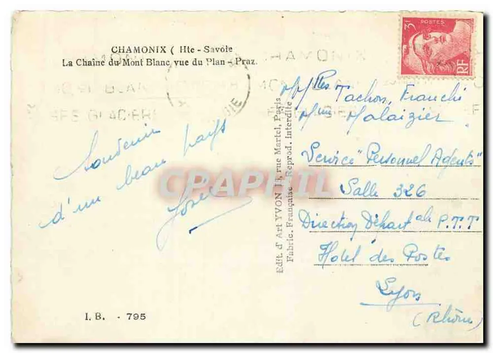 Die Mont-Blanc-Kette vom Plan Praz aus gesehen — Verlag J. Art Yvon, Paris - Rückseite