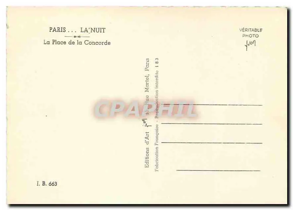 Place de la Concorde — A Fonte da Concorde iluminada à noite — Éditions d'Art Martel, Paris - Verso