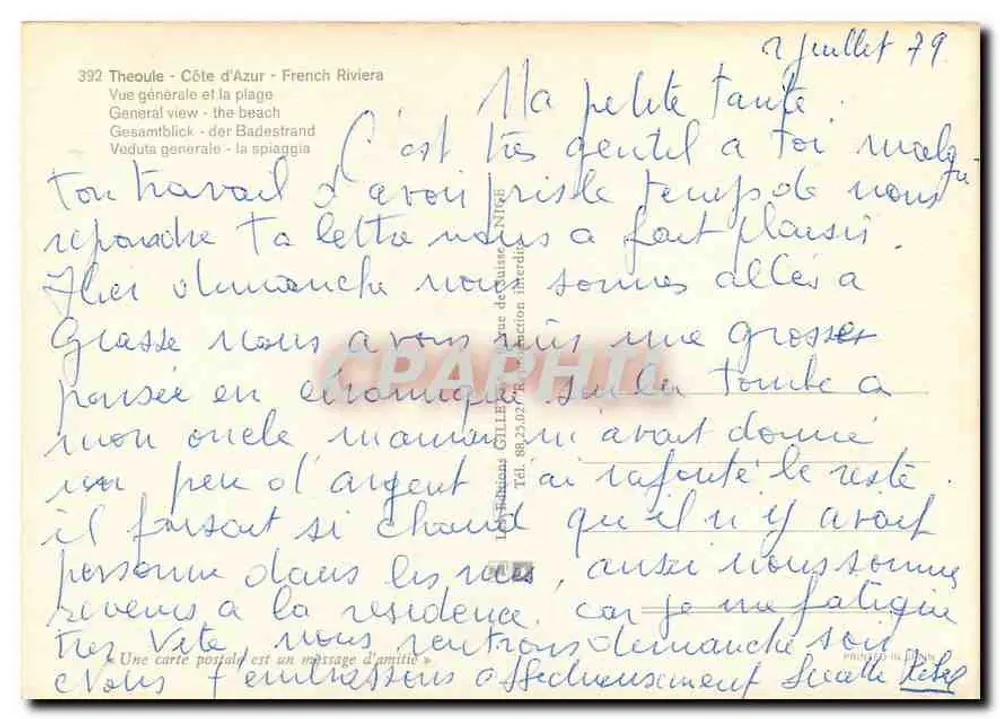 Théoule — vista general y playa — editor Imprimerie GILLÉ, n° 392 - Reverso