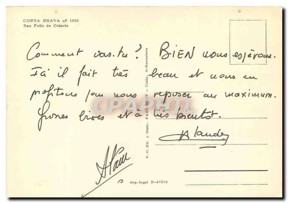 San Feliu de Guixols — Costa Brava n° 1005 — editor V.C.E. y Diatr. P.A.D.F. R.E.N.T. - Unión, B.-Barcelone - Verso