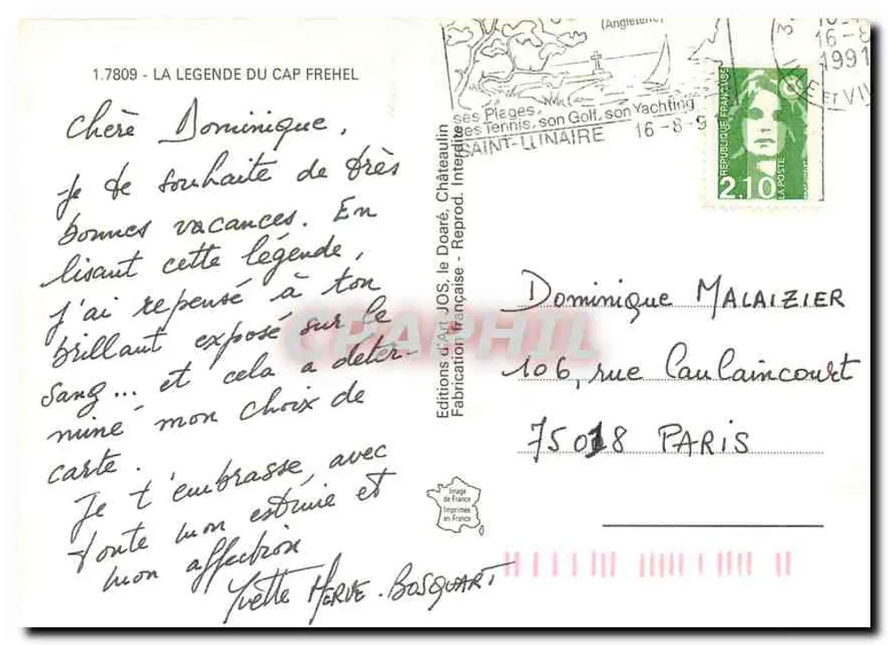 A Lenda do Cabo Fréhel — Éditions d'Art JOS, n° 1.7809 - Verso