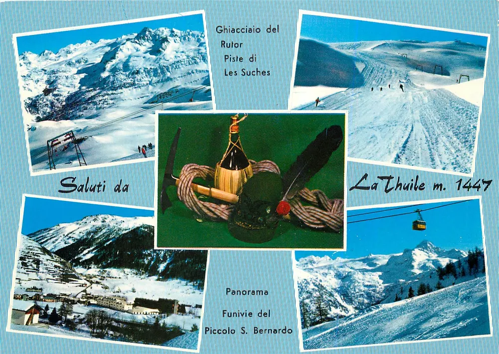 La Thuile m. 1447 — Panorama — Ghiacciaio del Rutor, Piste di Les Suches, Funivia del Piccolo S. Bernardo — Fotocolor Aosta - Vorderseite