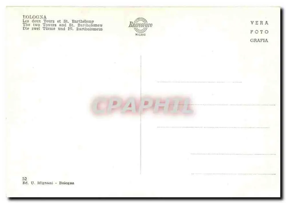 Bologna - Due Torri e S. Bartolomeo — Ed. U. Mignani, n° 52 - Verso