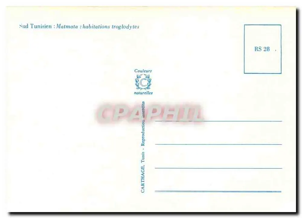 Sureste de Túnez : Matmata — viviendas trogloditas — Couleurs Naturelles, Túnez, n° RS 28 - Reverso