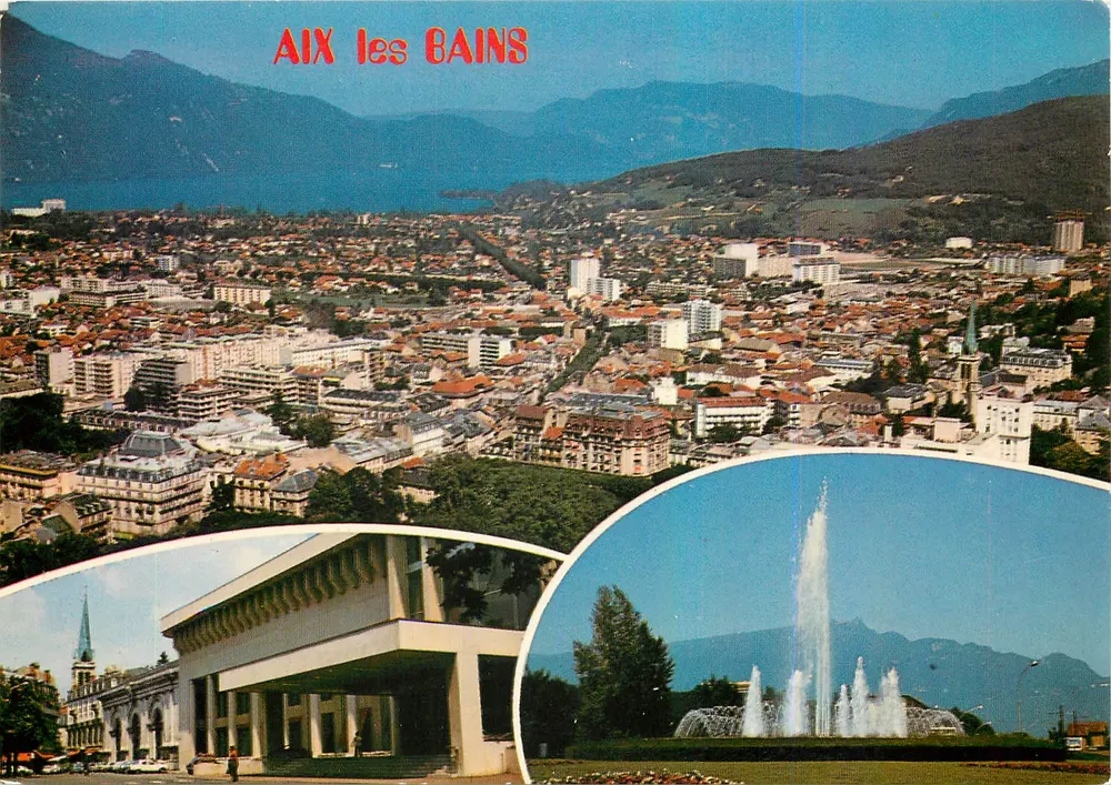 Aix-les-Bains — vista panorâmica e detalhes urbanos — Éditions Cellard, n° S. 16159 - Frente