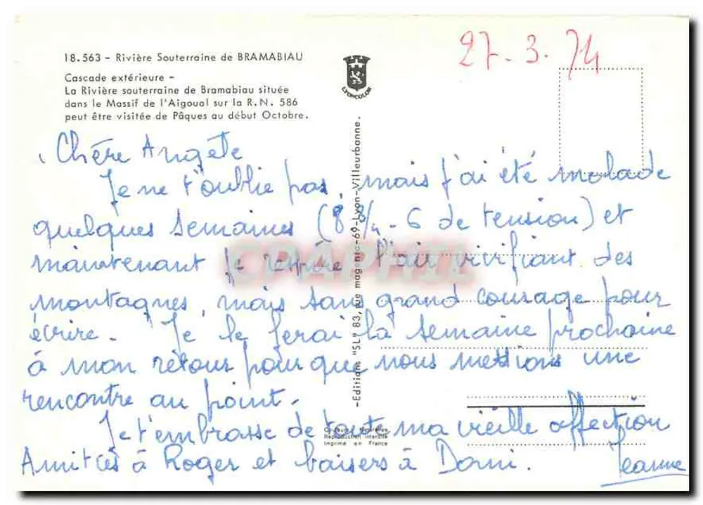 Rivière Souterraine de Bramabiau — Cascata externa — Edição SL 83, Lyon-Villeurbanne - Verso