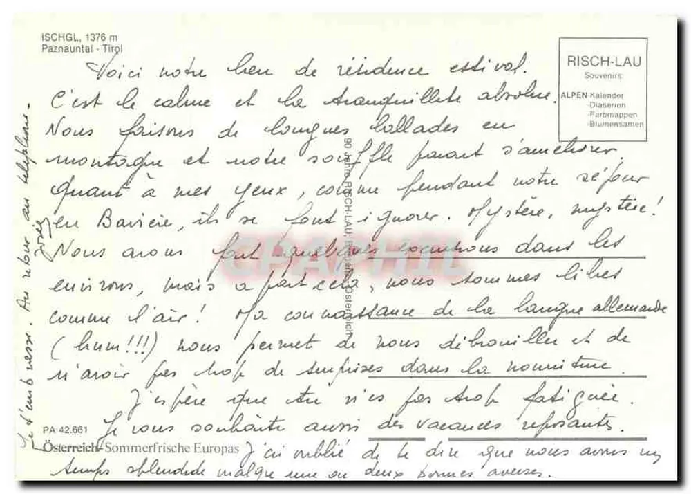 इस्चग्ल-तिरोल — पहाड़ पर गांव का व्यापक दृश्य — प्रकाशक रिश-लॉ - पीछे