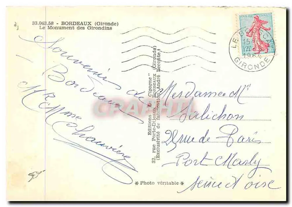 Monument des Girondins — Bordeaux — Éditions L. Cicogne - Verso
