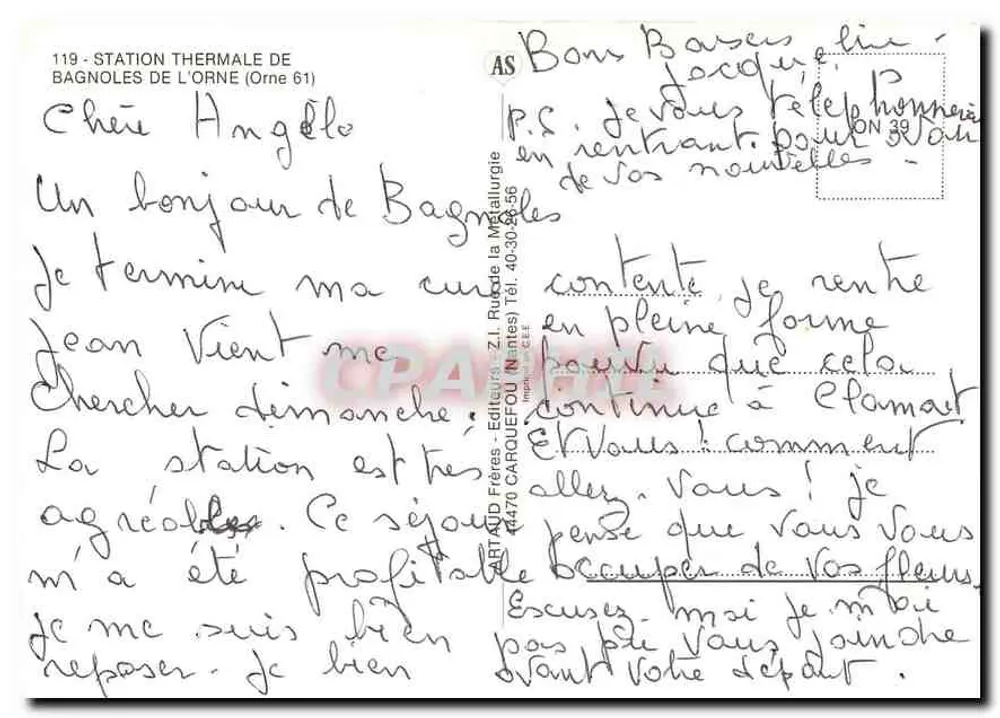 Bagnolles de l'Orne — Station thermale — Éditeur ARTAUD Frères, Z.I. Carouge (Nantes), n°119 - Verso