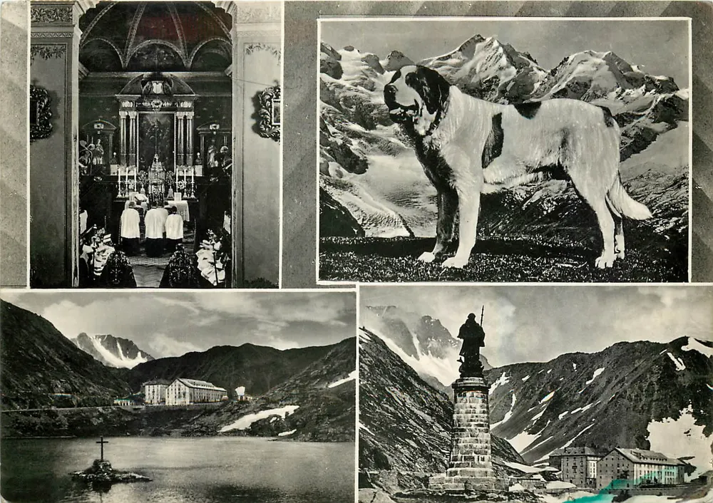 São Bernardo — Montanhas, igreja, estátua e cão — Ed. S.A.C.A.T. Torino - Frente