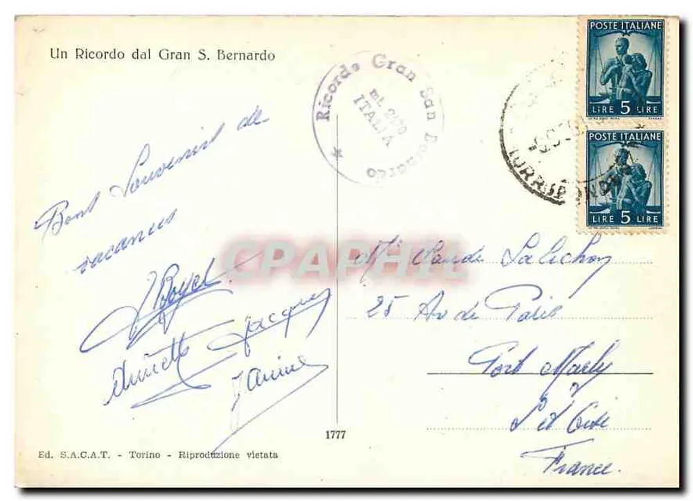 São Bernardo — Montanhas, igreja, estátua e cão — Ed. S.A.C.A.T. Torino - Verso