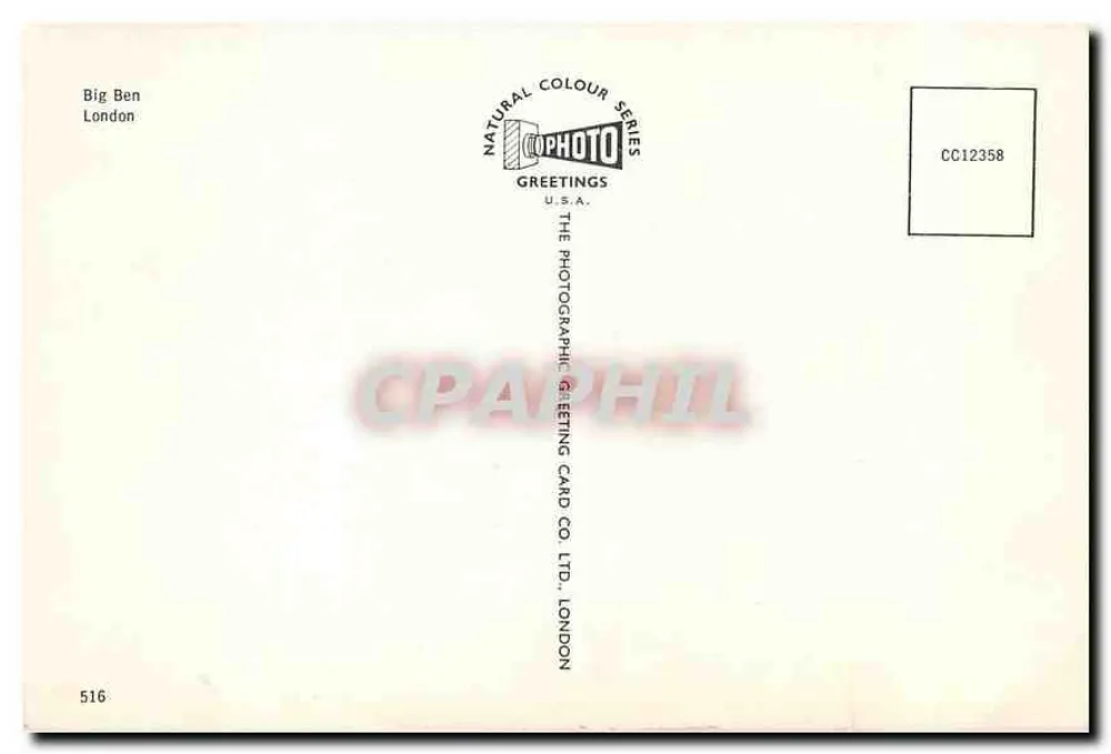 Big Ben — Londres — The Photographic Greeting Card Co. Ltd. Londres, n° CC12358 - Verso