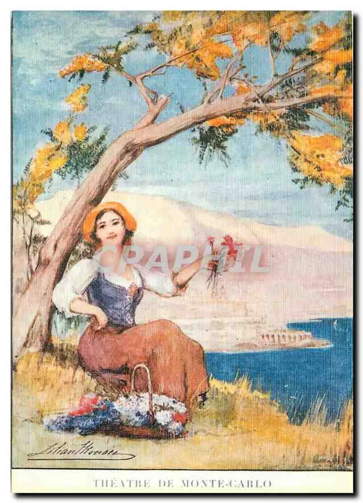 मॉंटे-कार्लो के थिएटर — पेंटलैंड के साथ एक महिला के नीचे एक पेड़ — शन हॉर्सिन द्वारा चित्रण - आगे