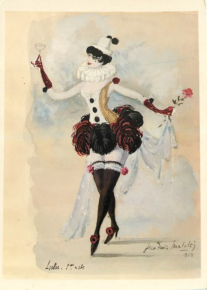 Tema: Dançarina em traje de palhaço — Exposição Jean-Denis Malclès 'Teatros' — Biblioteca Histórica da Cidade de Paris - Frente