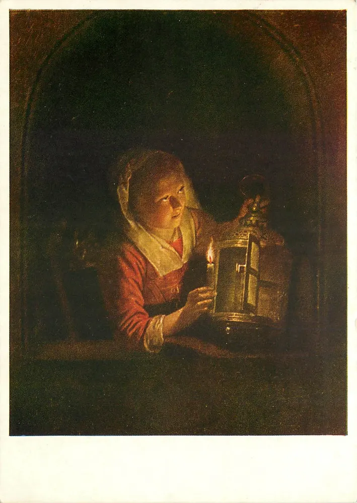 Menina com lanterna — Gerard Dou (1613-1675) — Kunstverlag Wolferum, Viena - Frente