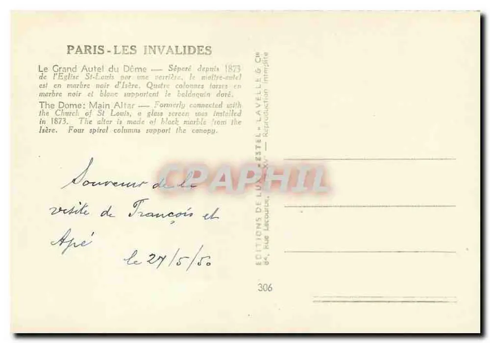 El altar principal del Dôme — Los Invalidos — Ediciones Delaëlle & Cie - Reverso