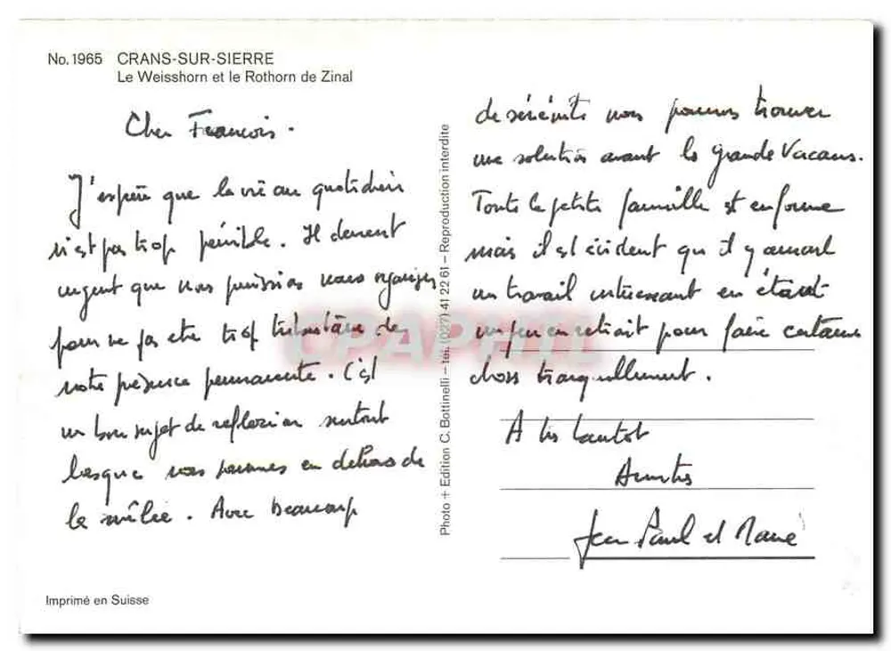 Crans-sur-Sierre — Ansicht des Weisshorns und Rothorns de Zinal — Edition C. Bohnali, n°1965 - Rückseite