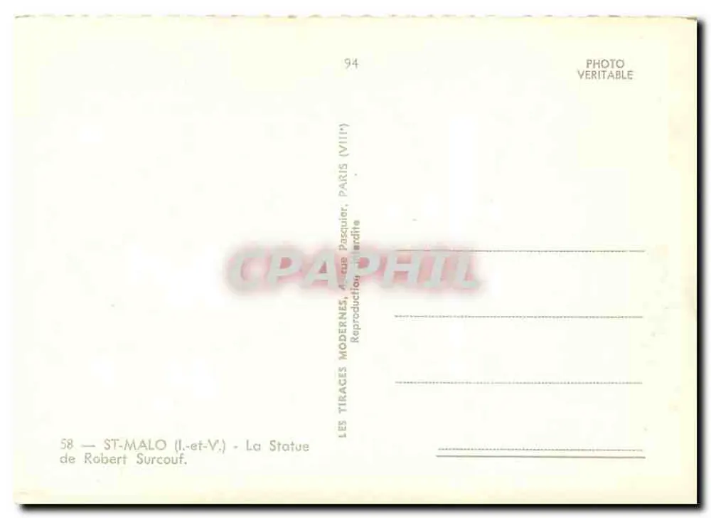 St-Malo — Estátua de Robert Surcouf — editor Paquiler, n°58 - Verso