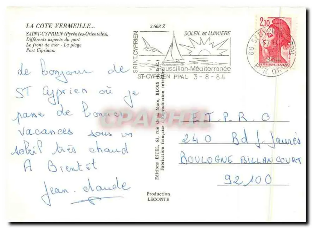 Saint-Cyprien — Panoramablick auf den Hafen, Strand und Hotels — Verlag Estel, Nr. 3.668 Z - Rückseite