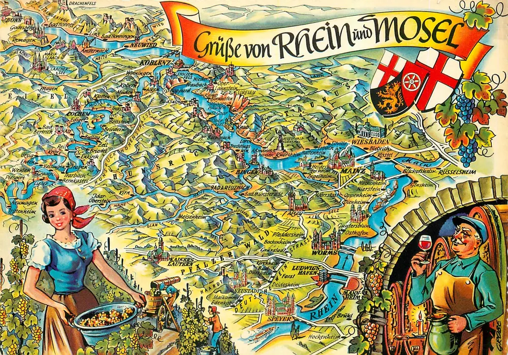 Grüße von Rhein und Mosel — carta postal ilustrada — editor Rollate, n° 416/230 - Frente