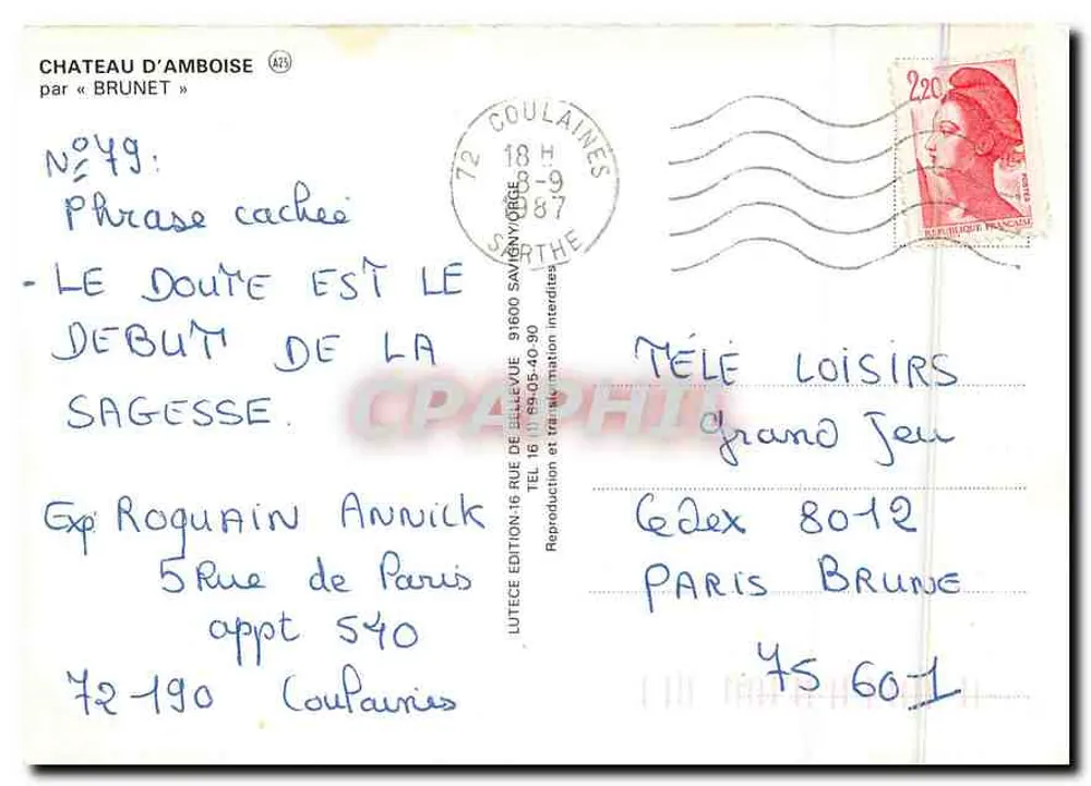 Castelo de Amboise — vista com ponte — edição Brunet n°49 - Verso