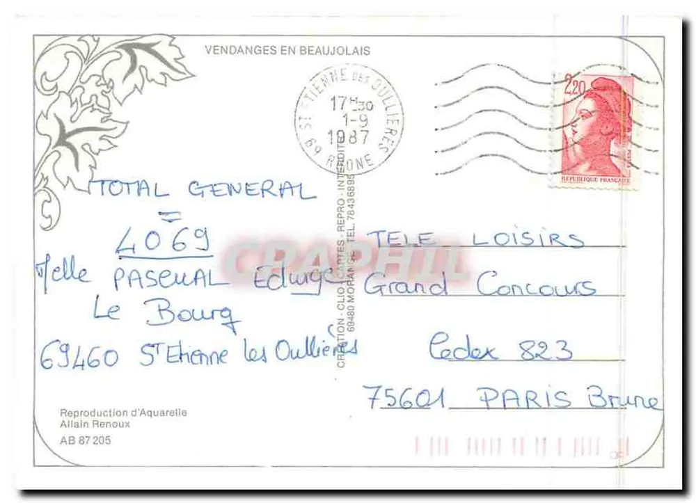 Zbieranie winogron w Beaujolais — reprodukcja akwareli — Allain Renoux, AB 87 205 - Rewers