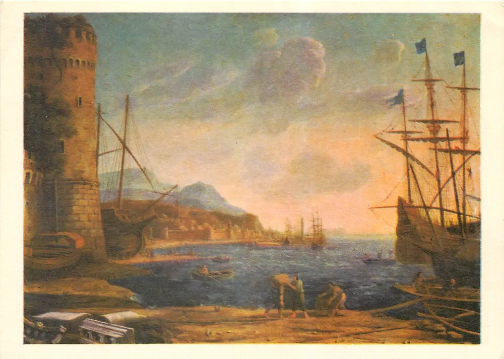 Port de la mer — Vue de port avec navires et tour — Éditions de la Loterie Nationale, Série V - Recto
