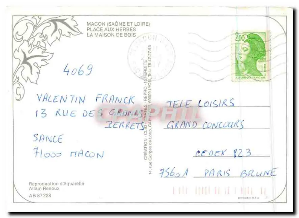 Place aux Herbes, Mâcon — Nachbildung einer Aquarell — Allain Renoux, AB 87228 - Rückseite