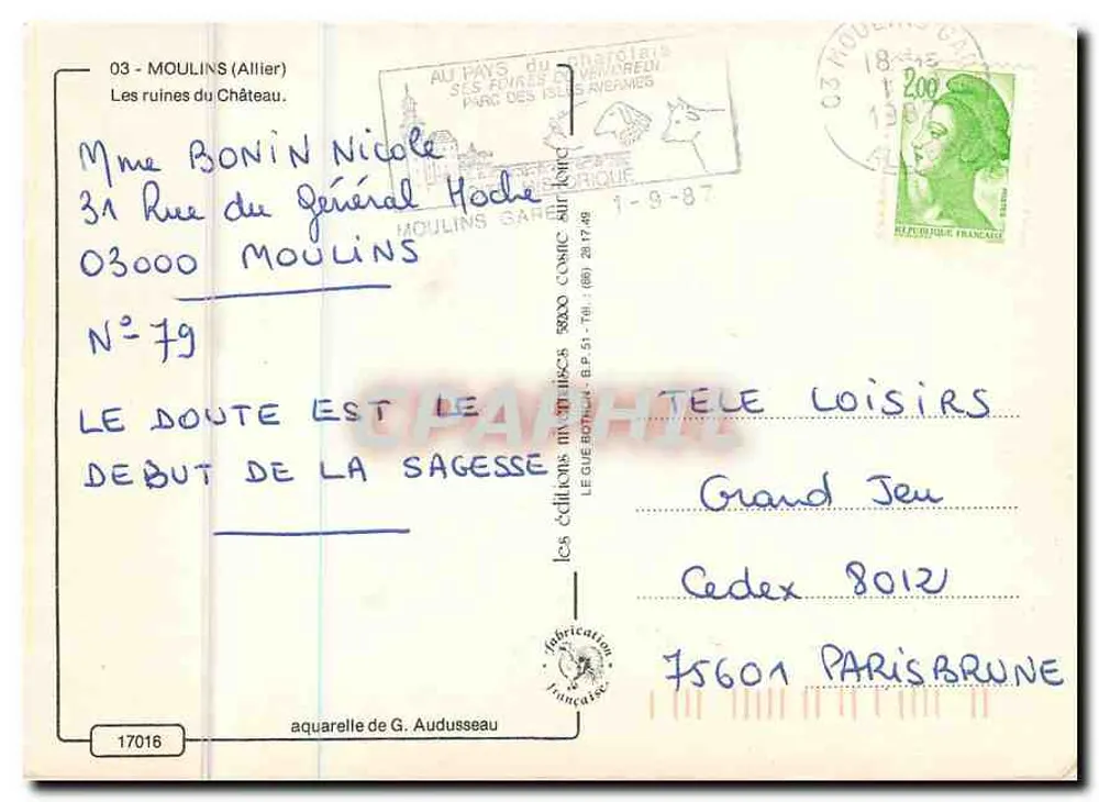Moulin — As ruínas do castelo — aquarela de G. Audusseau - Verso