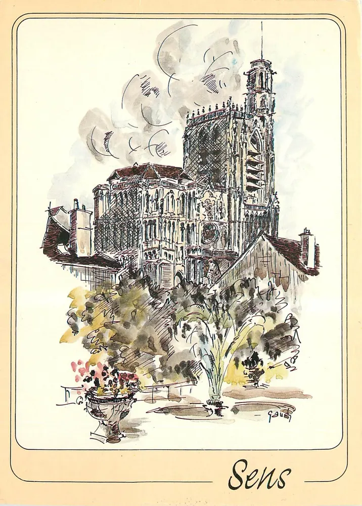 Sens — Catedral de Saint-Étienne — aquarela de G. Audusseau - Frente
