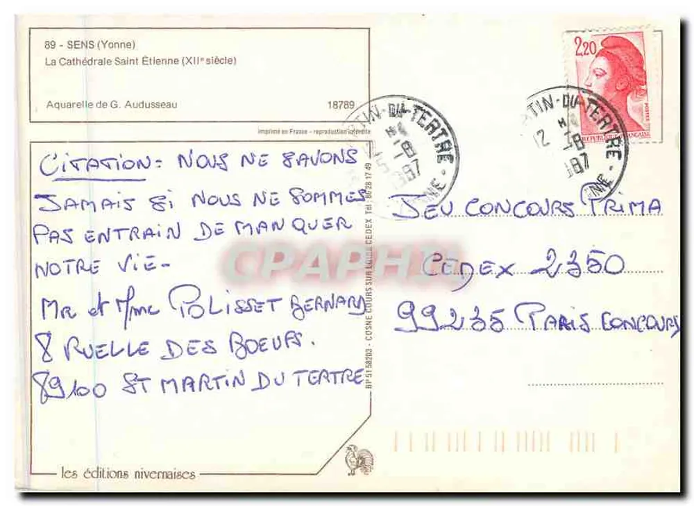 Sens — Catedral de Saint-Étienne — aquarela de G. Audusseau - Verso