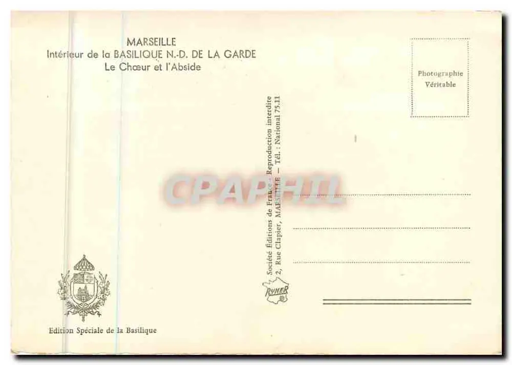 Marseille — Intérieur de la Basilique N.-D. de la Garde — Le Chœur et l'Abside — Édition Spéciale de la Basilique - Verso