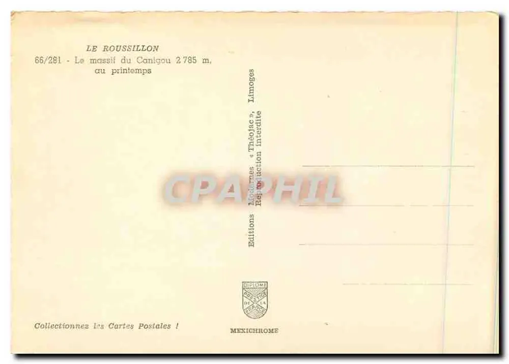 Il Roussillon — Il massiccio del Canigou 2785 m, in primavera — Éditions Diplomate, n° 66/281 - Verso