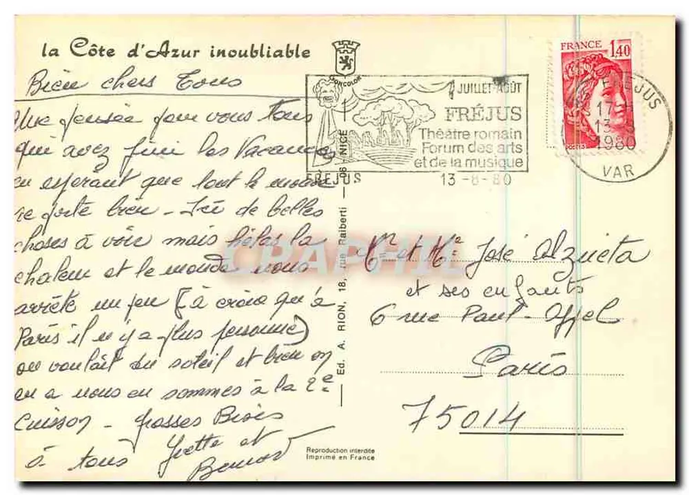 A CÔTE D'AZUR inesquecível — Editor: Ed. A. Rion, 18, rue Raberli, Fréjus - Verso