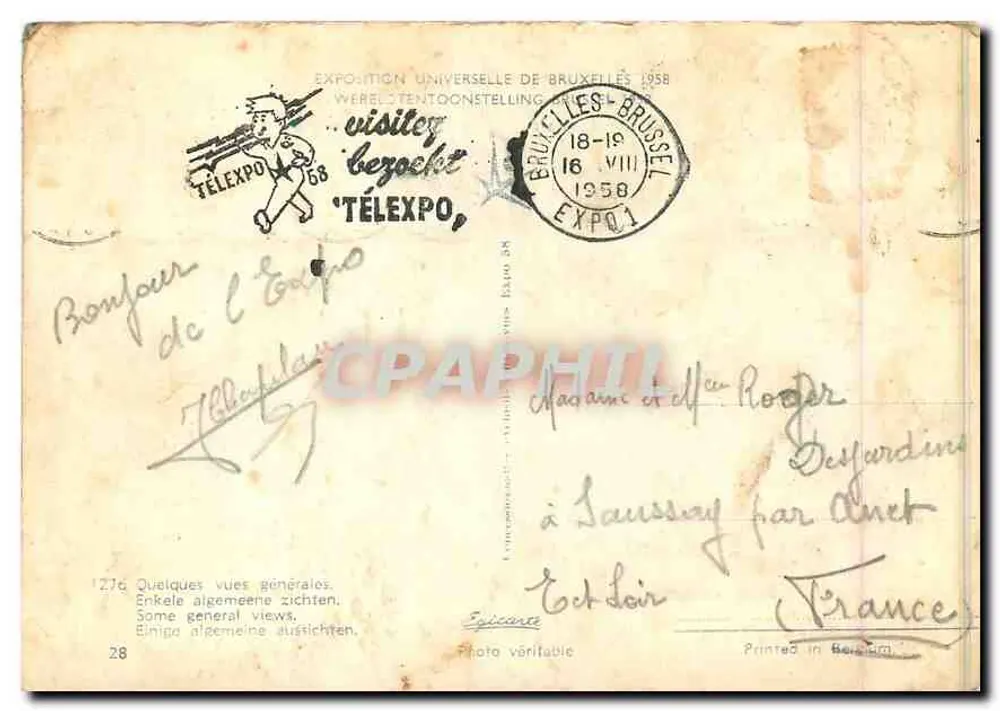 Bruxelles Expo 1958 — Vista panorámica y detalles de los pabellones — Editor desconocido, n° 28 - Reverso