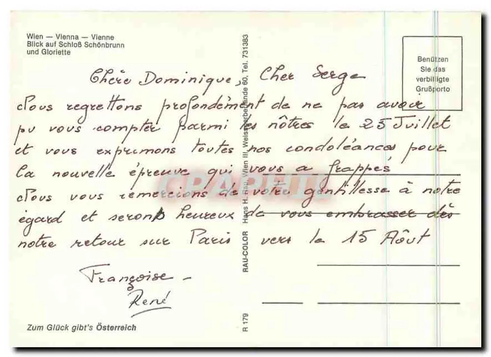 Vienne — Vue sur le château de Schönbrunn et la Gloriette — R.A.U. COLOR, n° R 179 - Verso