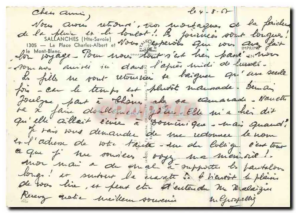 Chamonix — Ansicht der Hauptstraße mit dem Mont-Blanc im Hintergrund — Verlag unbekannt - Rückseite