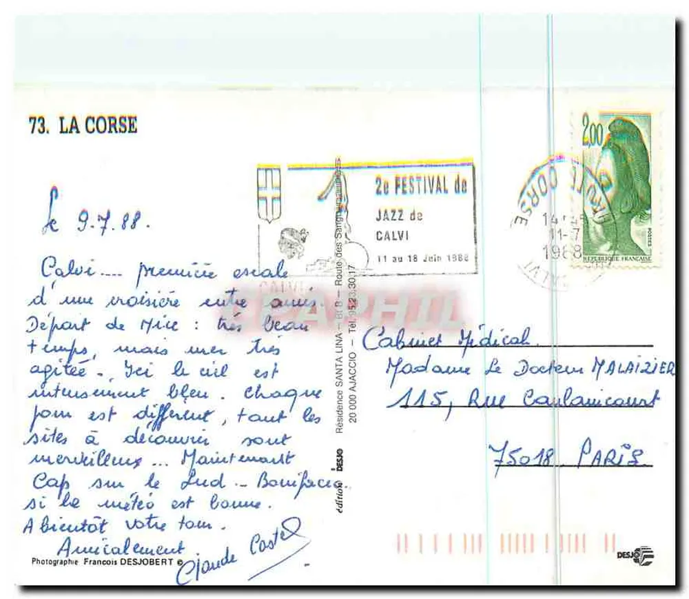 Calvi — widok z lotu ptaka portu i zamku — wydawca SANTA ACIOIO, n°73 - Rewers